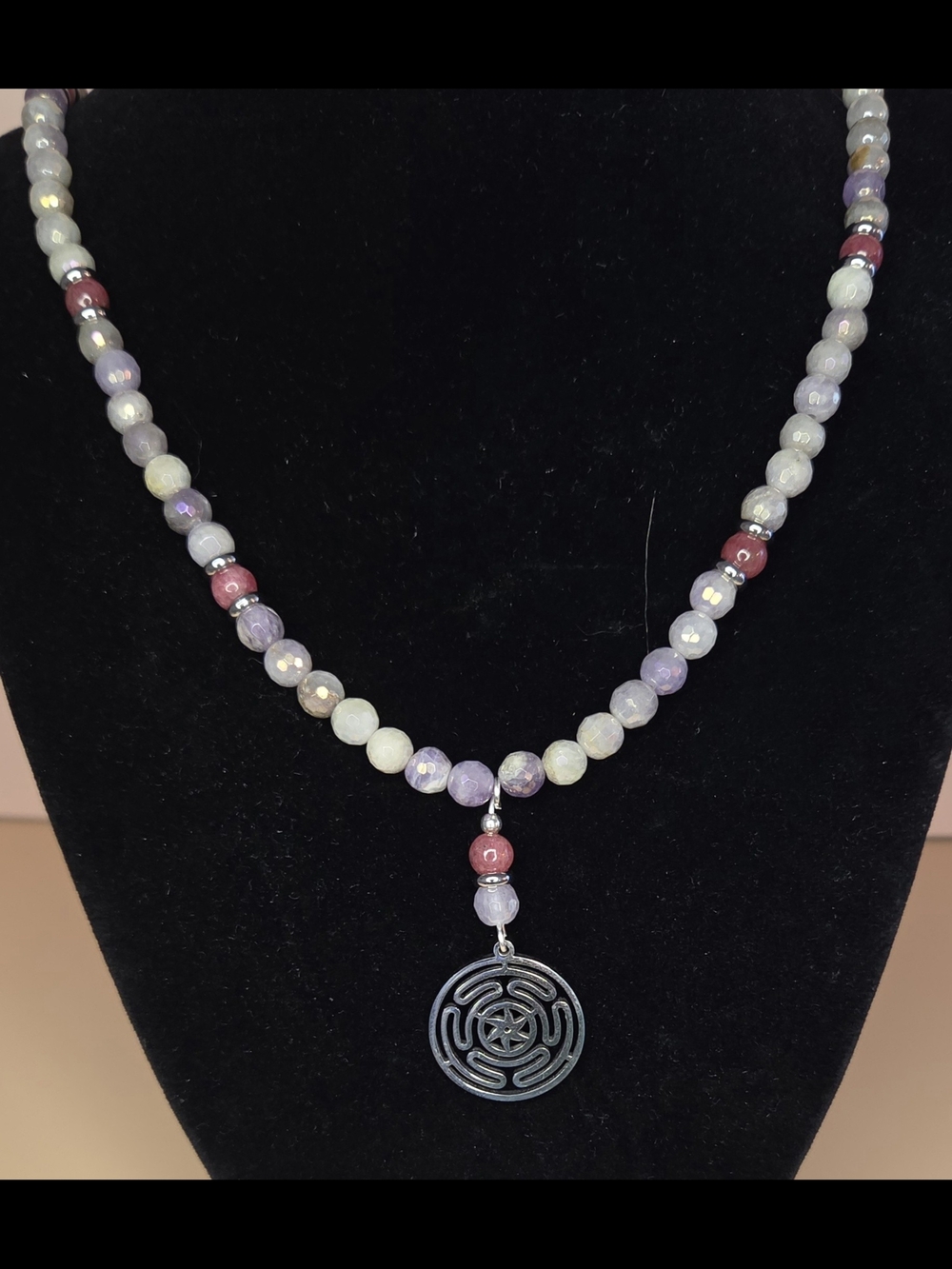 Mystic Lavender Jade, Thulite and Stainless Steel with a Hekate's Wheel Pendant